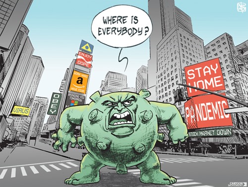 Vignetta con un coronavirus gigante, tipo King Kong, che si aggira per le strade deserte di New York, chiedendosi “Where is everybody?”. Sullo sfondo cartelli con STAY HOME e PANDEMIC 