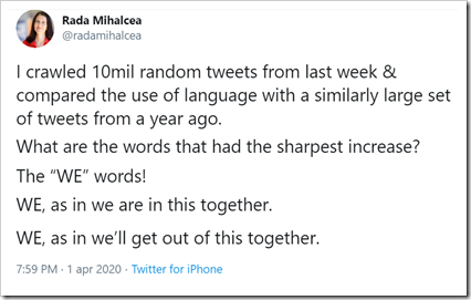 tweet di Rada Mihalcea: I crawled 10mil random tweets from last week & compared the use of language with a similarly large set of tweets from a year ago. What are the words that had the sharpest increase? The “WE” words! WE, as in we are in this together. WE, as in we’ll get out of this together.
