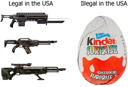 immagine di fucili con la scritta “Legal in the USA” vs immagine di Kinder Surprise con la scritta “Illegal in the USA”