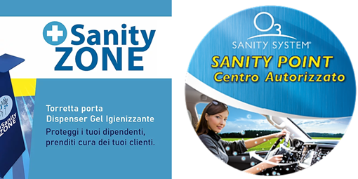 Immagine dei prodotti SANITY ZONE (torretta porta dispenser gel igienizzante: proteggi i tuoi dipendenti, prenditi cura dei tuoi clienti) e SANITY POINT – SANITY SISTEM (sistema di sanificazione per automobili) 