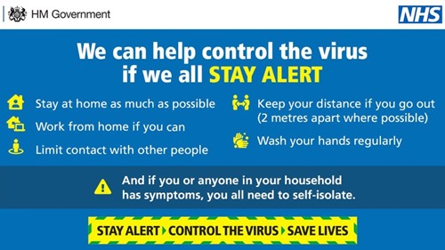 Indicazioni del governo britannico e del servizio sanitario nazionale (NHS): We can help control the virus if we all stay alert. 