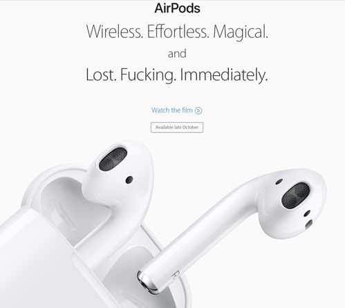 parodia pubblicità AirPods: a “Wireless. Effortless. Magical.” a è stato aggiunto “and Lost. Fucking. Immediately.” 