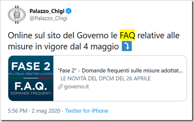tweet di Palazzo Chigi: Online sul sito del Governo le FAQ relative alle misure in vigore dal 4 maggio