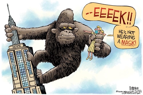 vignetta ambientata a New York  con donna con mascherina rapita da King Kong che urla EEEK he is not wearing a mask!
