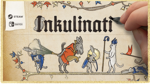 immagine di presentazione di Inkulinati, con imitazione di miniatura medievale di asino che “avea del cul fatto trombetta”
