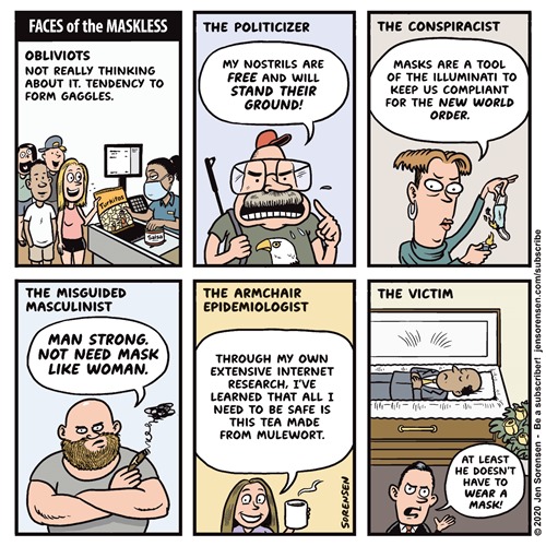 Vignetta che illustra sei personaggi: obliviots, the politicizer, the conspiracist, the misguided masculinist, the armchair epidemiologist, the victim. 