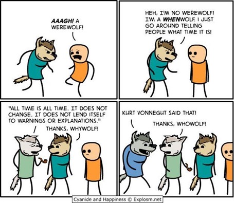 4 vignette con battute su werewolf, whenwolf, whywolf e whowolf