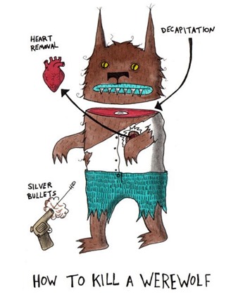 vignetta in inglese: immagine di lupo mannaro con metodi per ammazzarlo (silver bullet, heart removal, decapitation) 