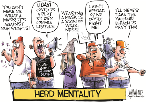 vignetta intitolata HERD MENTALITY con complottisti e negazionisti del Covid e dell mascherina che ripetono slogan e bufale