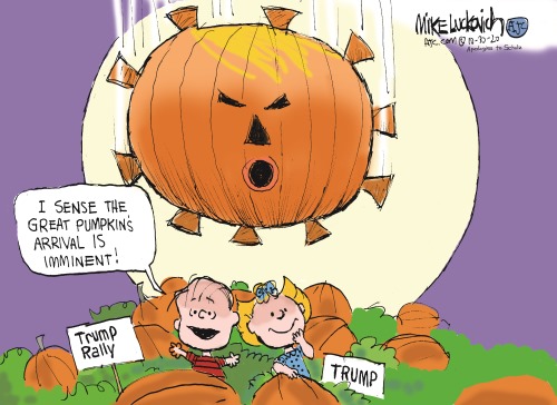 Linus e Sally aspettano The Great Pumpkin che arriva sotto forma di ibrido testa di Trump e coronavirus
