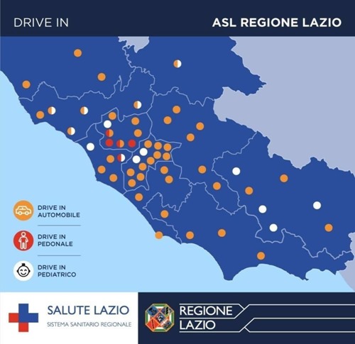 carta ASL Regione Lazio con indicazioni dei drive in automobile, drive in pedonale e drive in pediatrico