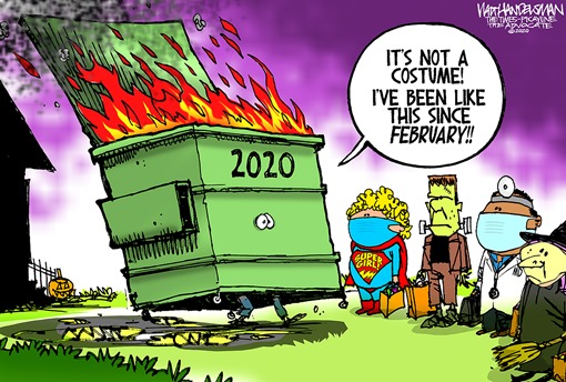 Cassonetto a fuoco con la scritta 2020 che si rivolge a bambini vestiti da Halloween e dice: IT’S NOT A COSTUME! I’VE BEEN LIKE THIS SINCE FEBRUARY!