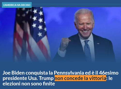 Joe Biden conquista a Pennsylvania ed è il esimo presidente USA Trump non concede la vittoria: le elezioni non sono finite. 