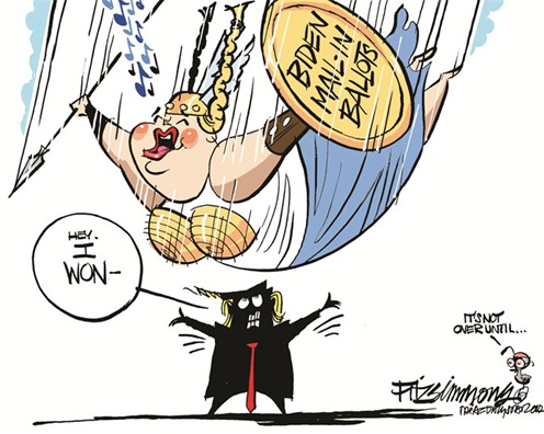 Vignetta con Trump che dichiara I WON ma sta per essere schiacciato da enorme valchiria con scudo su cui è scritto BIDEN MAIL-IN BALLOTS
