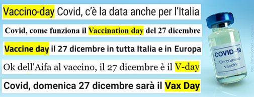 Titoli: 1 Vaccino-day Covid, c’è la data anche per l’Italia; 2 Covid, come funziona in Vaccination day del 2 dicembre: 3 Vaccine day il 27 dicembre in tutta Italia e in Europa; 4 Ok dell'Aifa al vaccino, il 27 dicembre è il V-day; 5 Covid, domenica 27 dicembre sarà il Vax Day