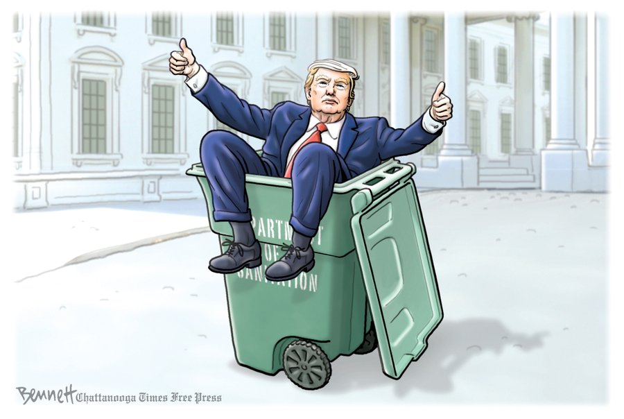 vignetta di Clay Bennett con Trump dentro un cassonetto davanti alla Casa Bianca