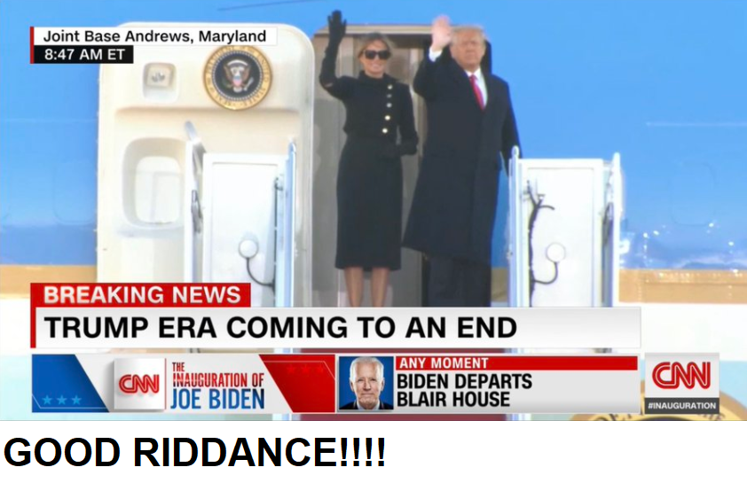 Foto di Donald Trump e moglie Melania che lasciano Washington con didascalia “Trump era coming to an end” e commento “GOOD RIDDANCE!!!!”