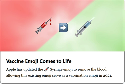 Emoji di siringa con sangue e con liquido trasparente; titolo: “Vaccine Emoji Comes to Life” 