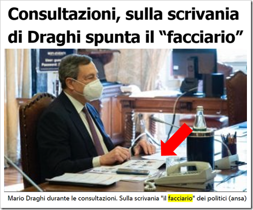 Titolo: Consultazioni, sulla scrivania di Draghi spunta il “facciario”. Didascalia foto: Mario Draghi durante le consultazioni. Sulla scrivania il facciario dei politici