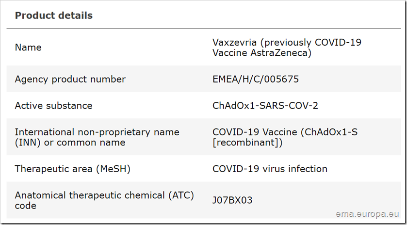 tabella con i dettagli del vaccino Vaxzevria dal sito EMA