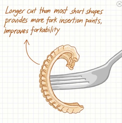 Immagine con didascalia: longer cut than most short shapes provides more fork insertion points, improves forkability