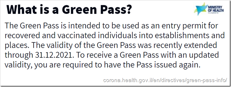 What is a Green Pass? The Green Pass is intended to be used as an entry permit for recovered and vaccinated individuals into establishments and places. The validity of the Green Pass was recently extended through 31.12.2021. To receive a Green Pass with an updated validity, you are required to have the Pass issued again.