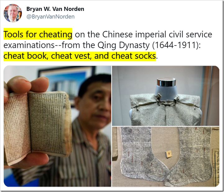 tweet con foto di reperti cinesi e testo Tools for cheating on the Chinese imperial civil service examinations--from the Qing Dynasty (1644-1911): cheat book, cheat vest, and cheat socks.