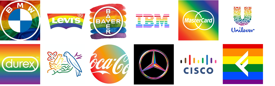 Esempi di logo di marchi modificati con i colori arcobaleno: BMW, Levi’s, Bayer, IBM, MasterCard, Unilever, Durex, Nestlé, Coca Cola, Mercedes Benz, Cisco, Feltrinelli