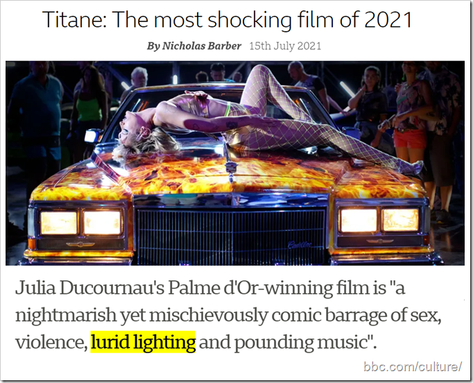 Immagine del film con titolo “Titane: The most shocking film of 2021”. Sottotitolo: Julia Ducournau’s Palme d’Or-winning film is “a nightmarish yet mischievously comic barrage of sex, violence, lurid lighting and pounding music”.