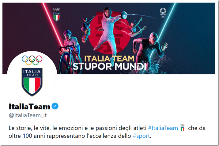 Immagine del profilo Twitter di Italia Team, con motto STUPOR MUNDI e descrizione “le storie, le vite, le emozioni e le passioni degli atleti Italia Team che da oltre 100 anni rappresentano l’eccellenza dello sport”