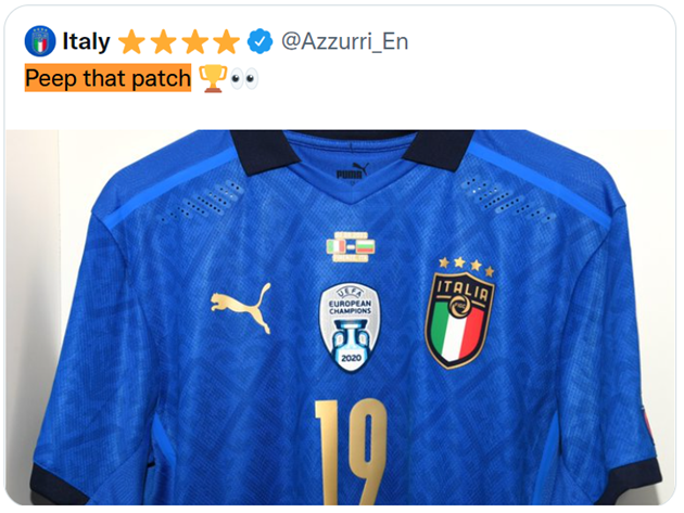 tweet di @Azzurri_en con foto della nuova maglia della nazionale di calcio e il testo Peet that patch