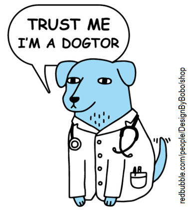 disegno di cane con camice e stetoscopio e la scritta TRUST ME I AM A DOGTOR