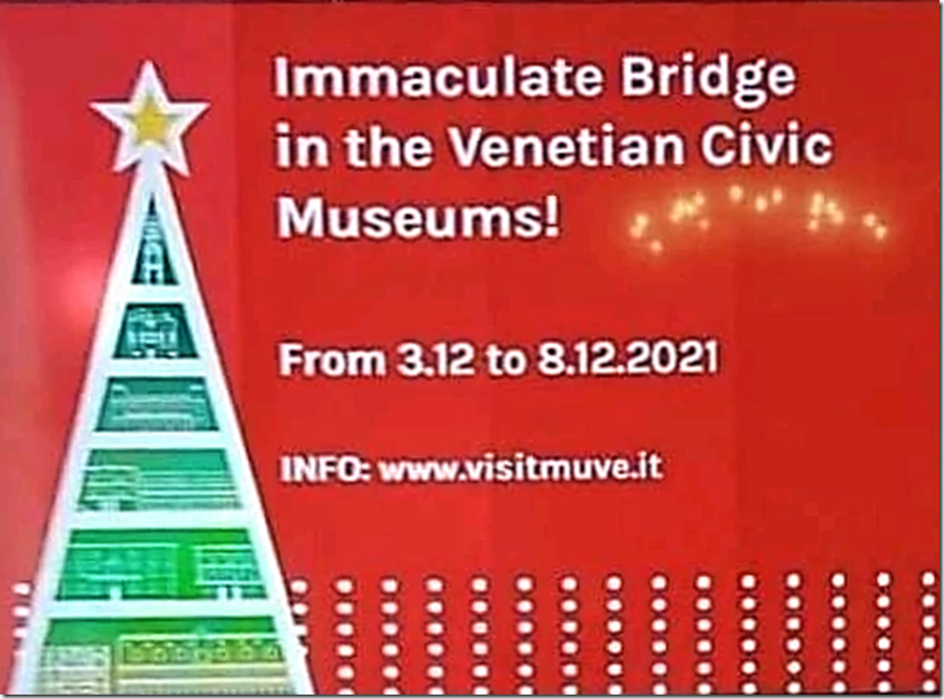 Manifesto a sfondo rosso con un albero di Natale e la scritta “Immaculate Bridge in the Venetian Civic Museums!” con le date “from 3.12 to 8.12.2021”
