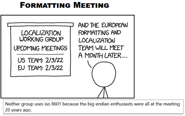 Vignetta di xkcd intitolata Formatting meeting che gioca con i formati della data europeo vs americano