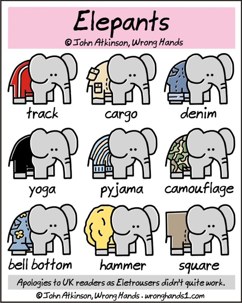 vignetta intitolata Elepants con elefanti che indossano vari tipi di pantaloni: track pants, cargo pants, denim pants, yoga pants, pyjama pants, camouflage pants, bell bottoms, hammer pants, square pants. Didascalia finiale: Apologies to UK readers as Eletrousers didn’t quite work.