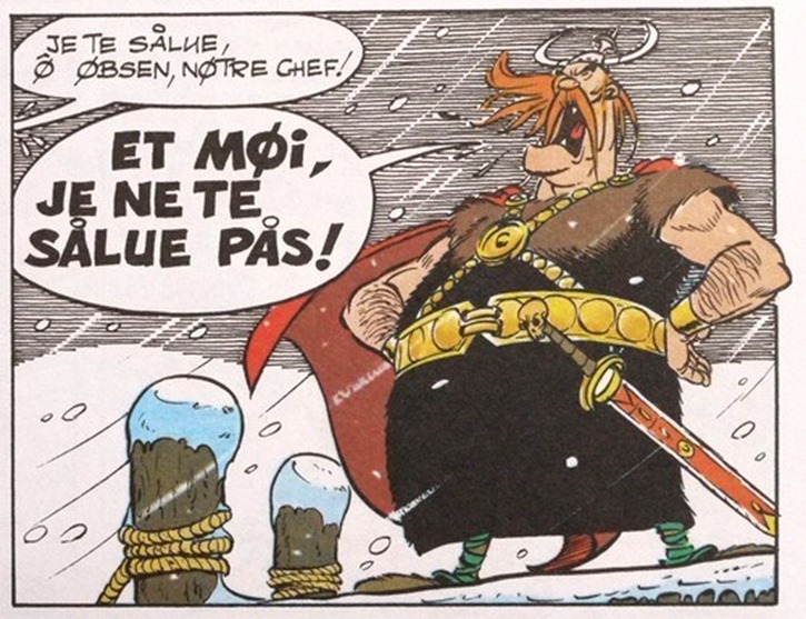 Vignetta con il capo vichingo che dice “ET MØI, JE NE TE SÅLUE PÅS!”