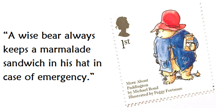 immagine dell’orso Paddington con un barattolo di marmellata di arance e la nota citazione “A wise bear always keeps a marmalade sandwich in his hat in case of emergency”