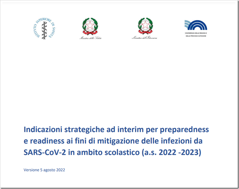 copertina del documento “Indicazioni strategiche ad interim per preparedness e readiness ai fini di mitigazione delle infezioni da SARS-CoV-2 in ambito scolastico (anno scolastico 2022 -2023) – Versione 5 agosto 2022