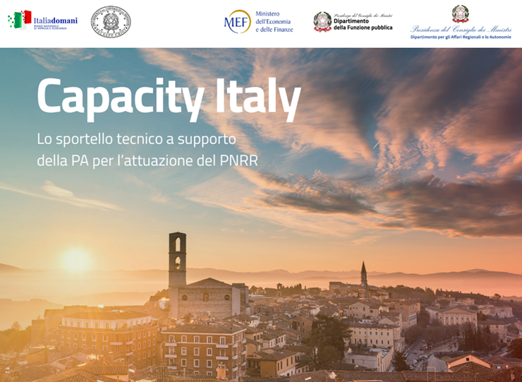 schermata dal portale Italia Domani: immagine di città italiana e testo Capacity Italy: lo sportello tecnico a supporto della PA per l'attuazione del PNRR