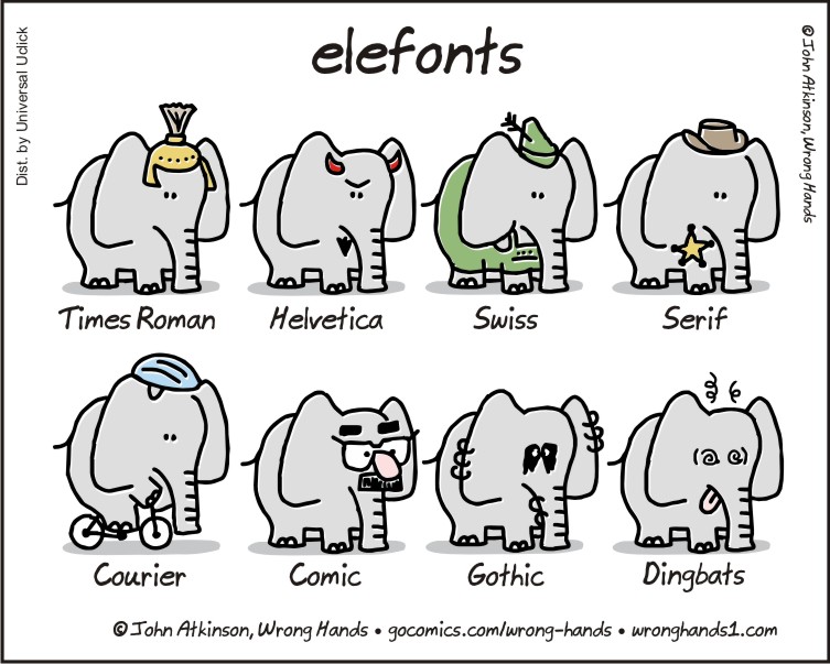 vignetta Typeface con diversi elefanti che rappresentano i tipi di carattere Times Roman, Helvetica, Swiss, Serif, Courier, Comic, Gothic, Dingbats 