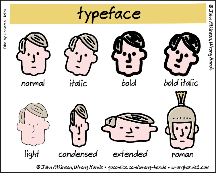 vignetta Typeface con facce di persona che rappresentano normal, italic, bold, bold italic, light, condensed, extended e roman