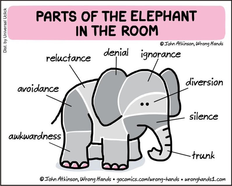 Vignetta americana intitolata PARTS OF THE ELEPHANT IN THE ROOM con disegno di elefante diviso a pezzi, ciascuno con un’etichetta: awkwardness, avoidance, reluctance, denial, ignorance, diversion, silence