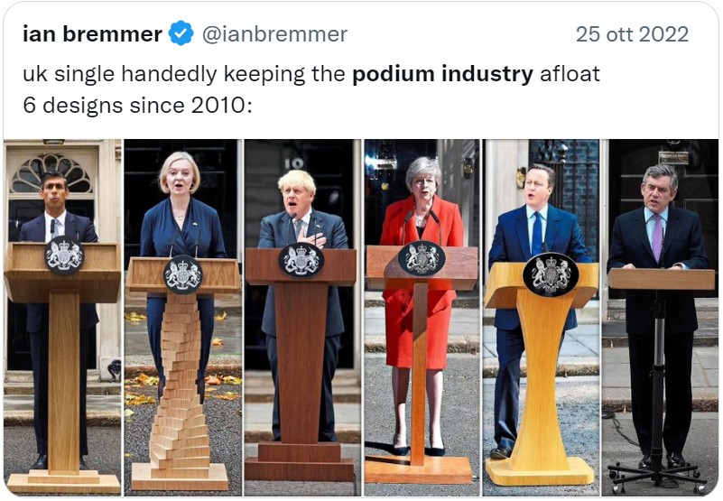 Stessa foto davanti a Downing Street degli ultimi 6 primi ministri del Regno Unito, ciascuno con un leggio diverso, con il commento“uk single handedly keeping the podium industry afloat, 6 designs since 2010”    