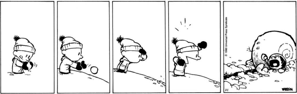 striscia di neve con Calvin che fa rotolare una palla di neve che aumenta di dimensioni e travolge un altro bambino