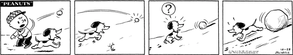 striscia con Charlie Brown che lancia una palla di neve a Snoopy che però scappa impaurito perché fa effetto valanga