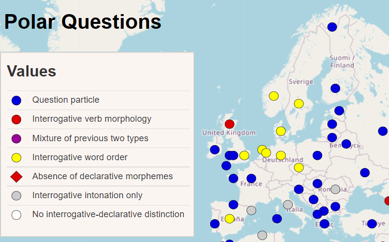 carta che illustra le differenze nella struttura delle interrogative totali nelle diverse lingue europee