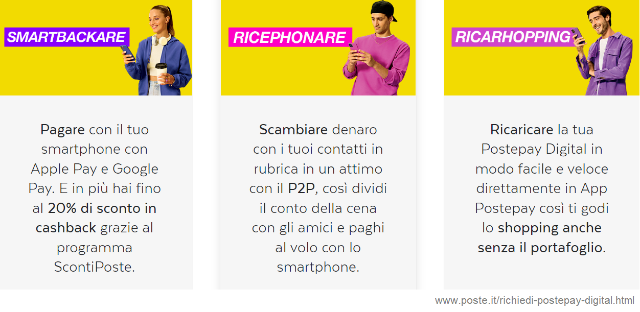 immagine dal sito di PostePay con la descrizione di smartbackare, ricephonare e ricarhopping