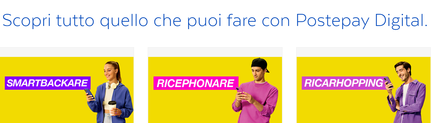 Immagine della campagna di Poste Italiana: sotto la scritta “Scopri tutto quello che puoi fare con Postepau Digital” ci sono tre persone con il telefonino in mano e le scritte SMARTBACKARE, RICEPHONARE e RICARHOPPING