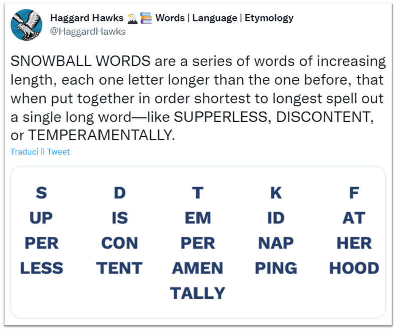 Tweet di @HaggardHawks: SNOWBALL WORDS are a series of words of increasing length, each one letter longer than the one before, that when put together in order shortest to longest spell out a single long word—like SUPPERLESS, DISCONTENT, or TEMPERAMENTALLY.