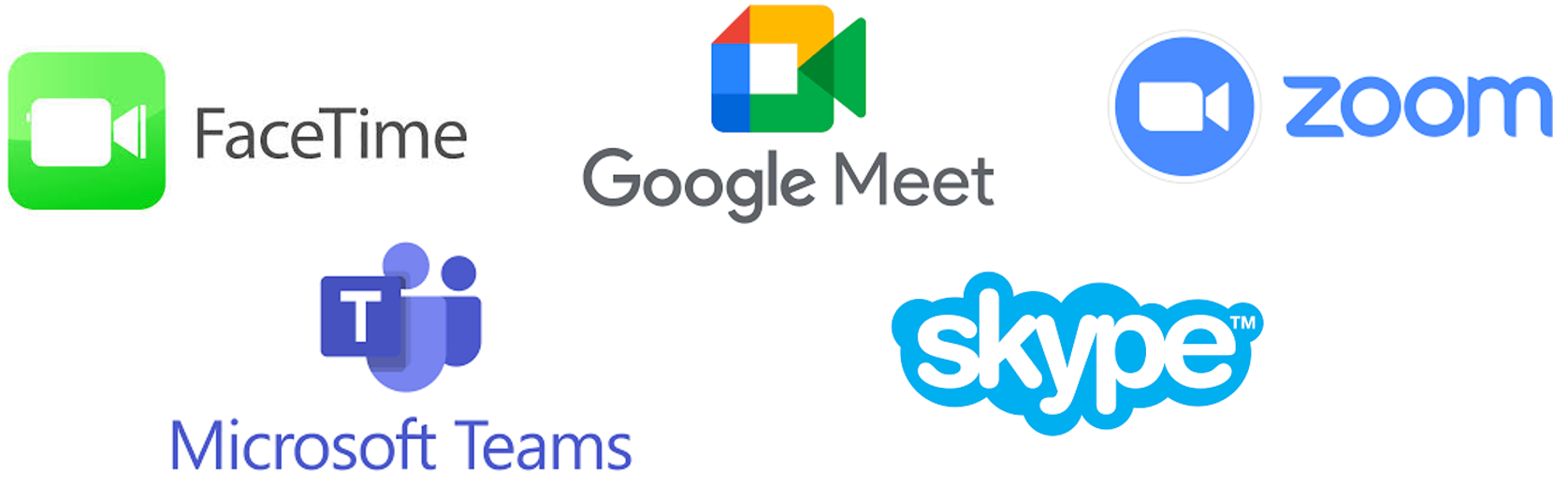 logo FaceTime (Apple), Meet (Google), Zoom, Teams e Skype (Microsoft) Zoom